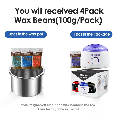 Houselog Wax Warmer Hair Removal Kit with 4 Different Hard Wax Beans and 10Pcs Wax Applicator Sticks for Women and Men (Roun
