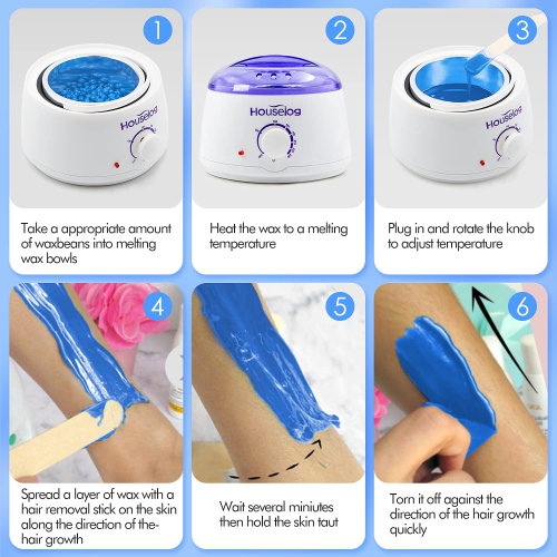 Houselog Wax Warmer Hair Removal Kit with 4 Different Hard Wax Beans and 10Pcs Wax Applicator Sticks for Women and Men (Roun