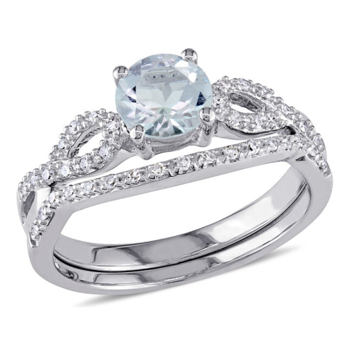 GEM AND HARMONY  3/4 Carat (Ctw) Aquamarine Engagement Ring & Wedding Band Set With Diamond 10K Gold In White