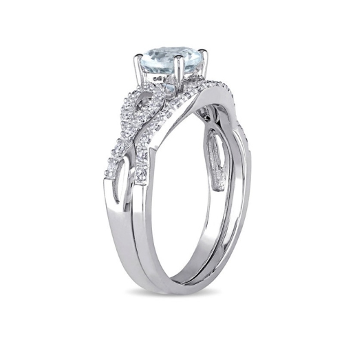 3/4 Carat Aquamarine Engagement Ring & Wedding Band Set with Diamond 10K White Gold