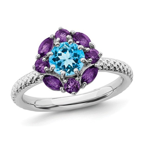 Bague en argent sterling avec topaze bleue et améthyste d'1,60&nbsp;carat