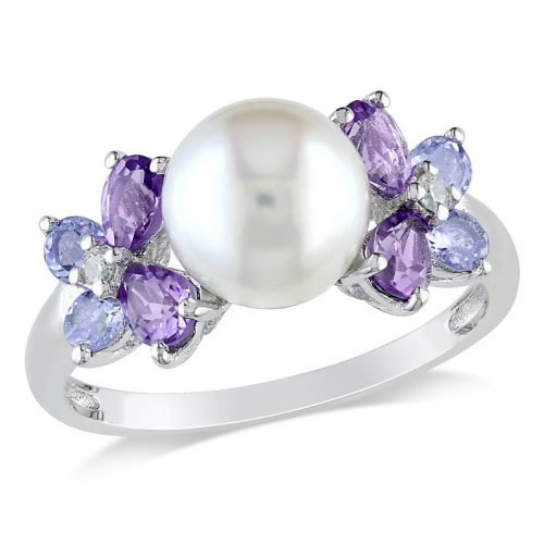 White Freshwater Cultured Pearl 8-8.5mm with Diamond and Tanzanite and Amethyst Ring In Sterling Silver