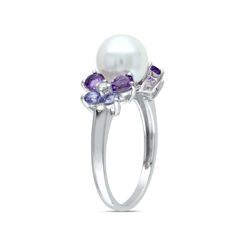 White Freshwater Cultured Pearl 8-8.5mm with Diamond and Tanzanite and Amethyst Ring In Sterling Silver