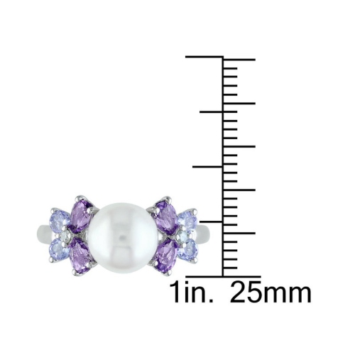 White Freshwater Cultured Pearl 8-8.5mm with Diamond and Tanzanite and Amethyst Ring In Sterling Silver