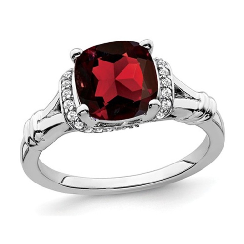 GEM AND HARMONY  1.90 Carat (Ctw) Natural Cushion Cut Garnet Ring In 14K Gold With Diamonds In White