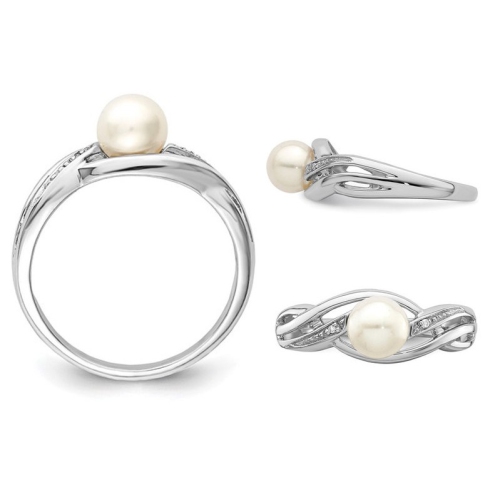 6mm Freshwater Cultured Pearl Ring in Sterling Silver with Accent Diamonds