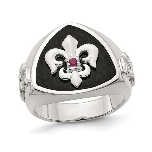 Mens Black Agate Fleur de Lis Ring with Accent Ruby in Sterling Silver