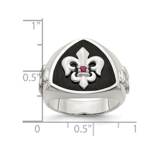 Mens Black Agate Fleur de Lis Ring with Accent Ruby in Sterling Silver