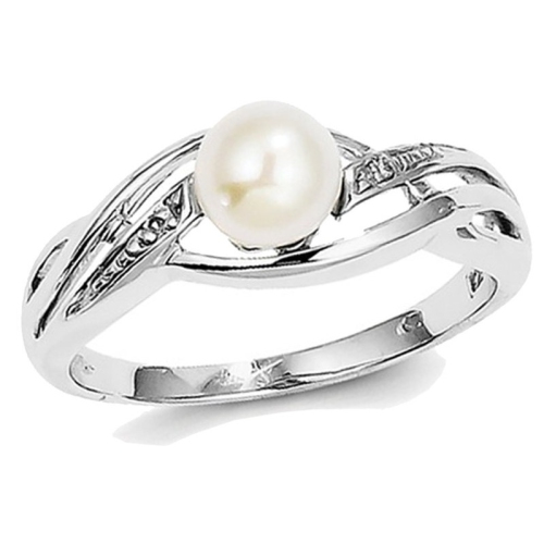 GEM AND HARMONY  6MM Freshwater Cultured Pearl Ring In Sterling With Accent Diamonds In Silver