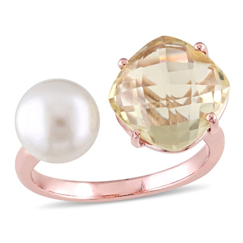 Bague en argent sterling plaqué rose, perle blanche de culture d’eau douce et quartz citron