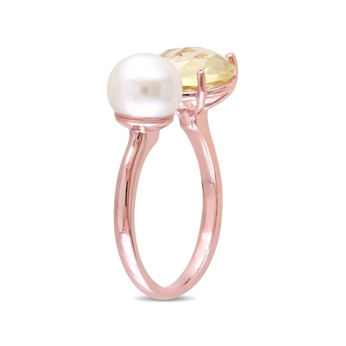 Bague en argent sterling plaqué rose, perle blanche de culture d’eau douce et quartz citron
