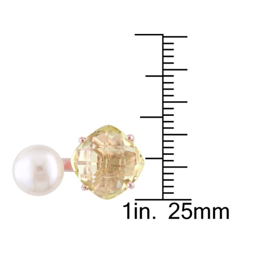 Bague en argent sterling plaqué rose, perle blanche de culture d’eau douce et quartz citron