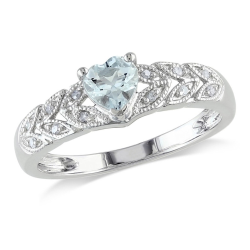 GEM AND HARMONY  2/5 Carat (Ctw) Aquamarine Heart Ring In Sterling With Accent Diamonds In Silver