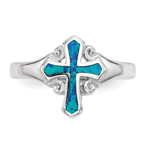 Lab Created Blue Opal Sterling Silver Cross Ring