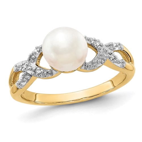 GEM AND HARMONY  14K Gold Freshwater Cultured White Pearl Ring With Accent Diamonds In Yellow