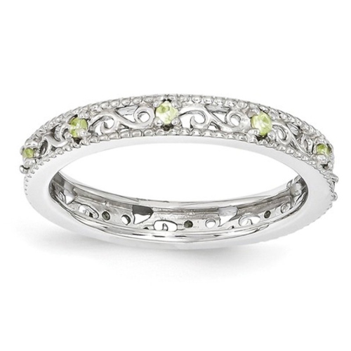 GEM AND HARMONY  Sterling Silver Stackable Peridot Band Ring In Green