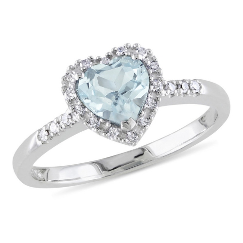 GEM AND HARMONY  3/4 Carat (Ctw) Light Aquamarine Heart Ring With Diamonds In Sterling In Silver