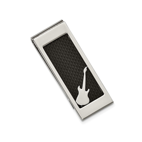 Mens Stainless Steel Black Carbon Fiber Money Clip with Guitar