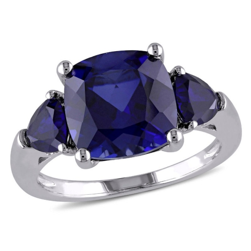 GEM AND HARMONY  7.10 Carat (Ctw) Lab-Created Sapphire Three Stone Ring In Sterling Silver In Blue