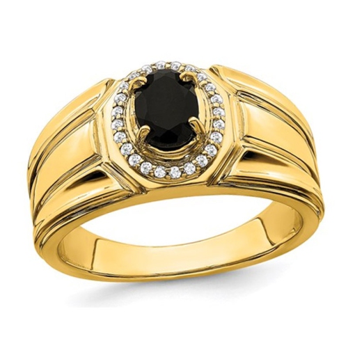 GEM AND HARMONY  Mens 2/3 Carat (Ctw) Black Onyx Ring In 14K Gold With 1/8 Carats (Ctw) Diamonds In Yellow