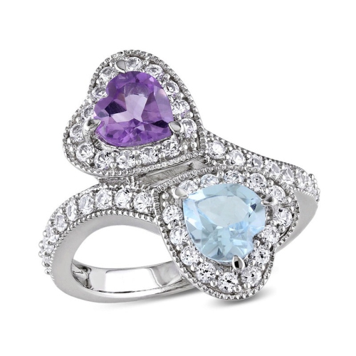 GEM AND HARMONY  2.50 Carat (Ctw) Topaz And Amethyst Heart Promise Ring In Sterling Silver With Lab Created White Sapphires In Blue