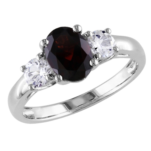 GEM AND HARMONY  2.00 Carat (Ctw) Garnet And Lab-Created Sapphire Three Stone Ring In Sterling Silver In White