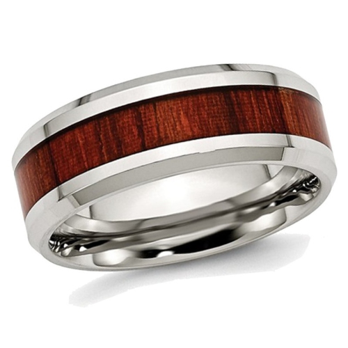 Mens Stainless Steel 8mm Polished Red Wood Inlay Wedding Band Ring