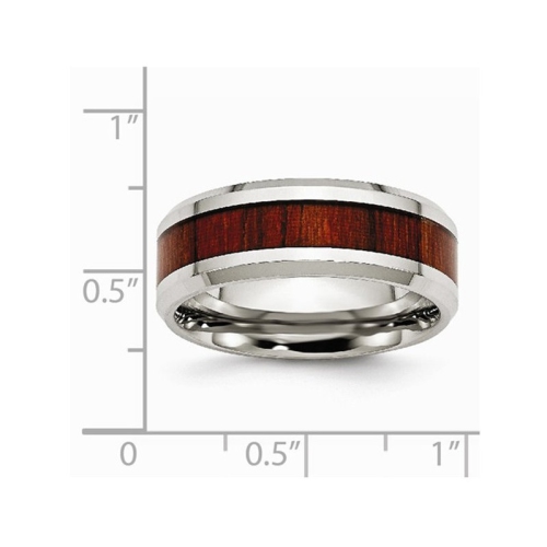 Mens Stainless Steel 8mm Polished Red Wood Inlay Wedding Band Ring