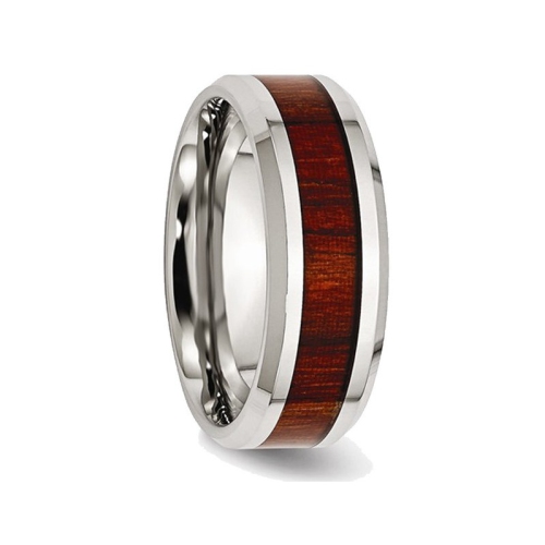 Mens Stainless Steel 8mm Polished Red Wood Inlay Wedding Band Ring