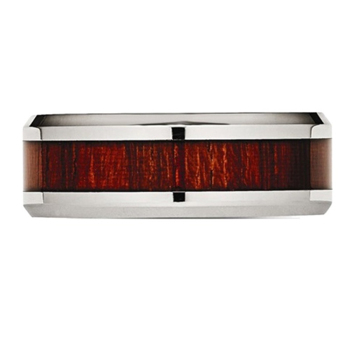 Mens Stainless Steel 8mm Polished Red Wood Inlay Wedding Band Ring
