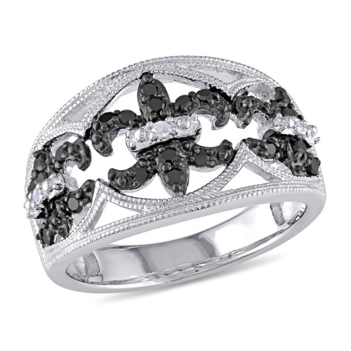GEM AND HARMONY  1/4 Carat (Ctw) Black And Fleur De Lys Diamond Ring In Sterling Silver In White