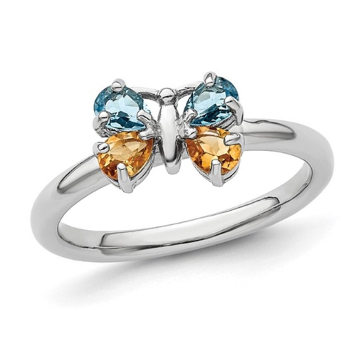 GEM AND HARMONY  1/2 Carat (Ctw) Citrine & Topaz Butterfly Ring In Sterling Silver In Blue