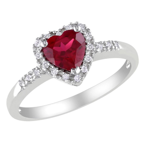 GEM AND HARMONY  1.10 Carat (Ctw) Lab-Created Ruby Heart Ring With Diamonds In Sterling In Silver