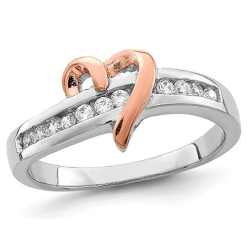 GEM AND HARMONY  Sterling Silver White And Vermeil Polished Heart Promise Cubic Zirconia (Cz) Ring In Yellow
