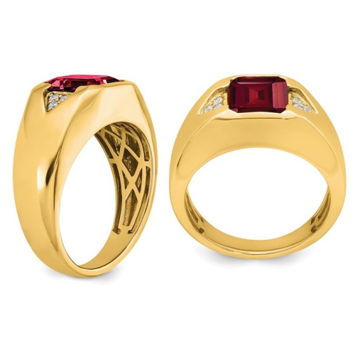 Mens 3.75 Carat Lab Created Emerald-Cut Ruby Ring in 14K Yellow Gold with Diamonds