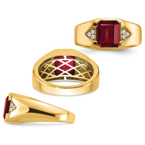 Mens 3.75 Carat Lab Created Emerald-Cut Ruby Ring in 14K Yellow Gold with Diamonds