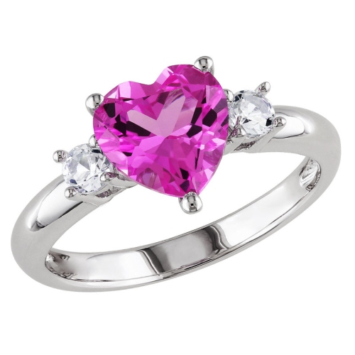 GEM AND HARMONY  2.50 Carat (Ctw) Lab-Created Pink Sapphire And Lab-Created Sapphire Heart Ring Sterling Silver In White