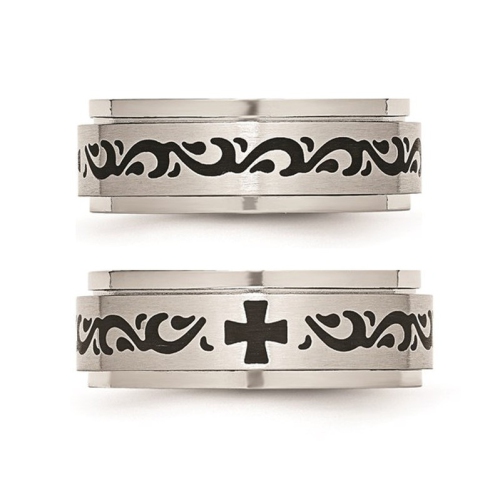 Ladies Stainless Steel 8mm Wedding Band Ring with Black Swirl Design