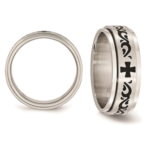 Ladies Stainless Steel 8mm Wedding Band Ring with Black Swirl Design