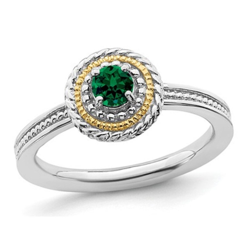GEM AND HARMONY  1/4 Carat (Ctw) Lab Created Emerald Ring In Sterling Silver With 14K Accent In Gold