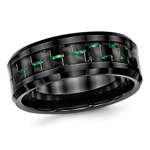 GEM AND HARMONY  Ceramic Black With Carbon Fiber Beveled Edge Wedding Band Ring In Green
