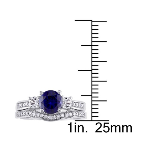 Bague de fiançailles or blanc 10 ct, saphir synthétique bleu et blanc laboratoire et mariage diamant totalisant 1 1/3 ct