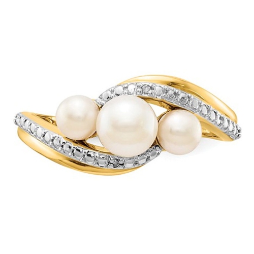 14K Yellow Gold Three Stone Freshwater Cultured White Pearl Ring with Accent Diamonds