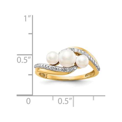 14K Yellow Gold Three Stone Freshwater Cultured White Pearl Ring with Accent Diamonds