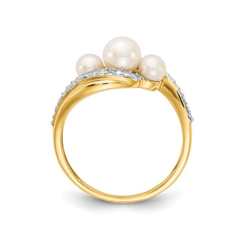 14K Yellow Gold Three Stone Freshwater Cultured White Pearl Ring with Accent Diamonds
