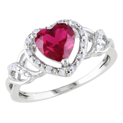 GEM AND HARMONY  1.70 Carat (Ctw) Lab-Created Ruby Heart Ring With Diamonds In Sterling In Silver