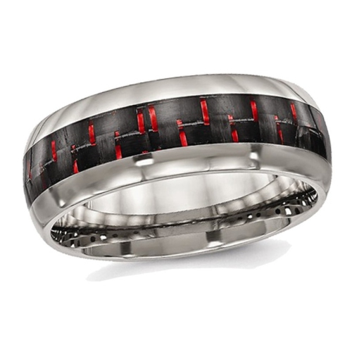 GEM AND HARMONY  Polished Titanium With Carbon Fiber Wedding Band Ring In Red