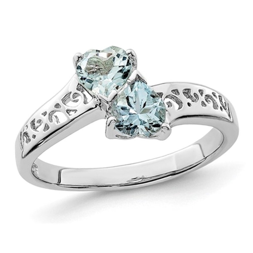 GEM AND HARMONY  2/5 Carat (Ctw) Aquamarine Double Heart Ring In Sterling In Silver