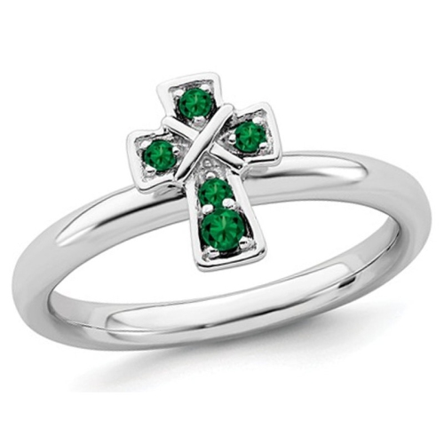 GEM AND HARMONY  1/8 Carat (Ctw) Lab Created Emerald Cross Ring In Sterling In Silver