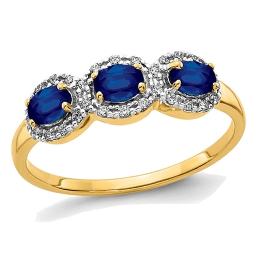 GEM AND HARMONY  3/4 Carat (Ctw) Three Stone Natural Blue Sapphire Ring In 14K Gold In Yellow